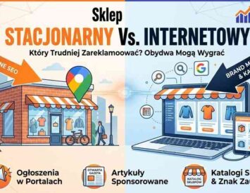 Grafika porównawcza sklepu stacjonarnego z pinezką Google Maps i sklepu internetowego na ekranie laptopa, promująca pakiety AutoSEO.pl.