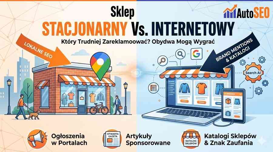 Grafika porównawcza sklepu stacjonarnego z pinezką Google Maps i sklepu internetowego na ekranie laptopa, promująca pakiety AutoSEO.pl.