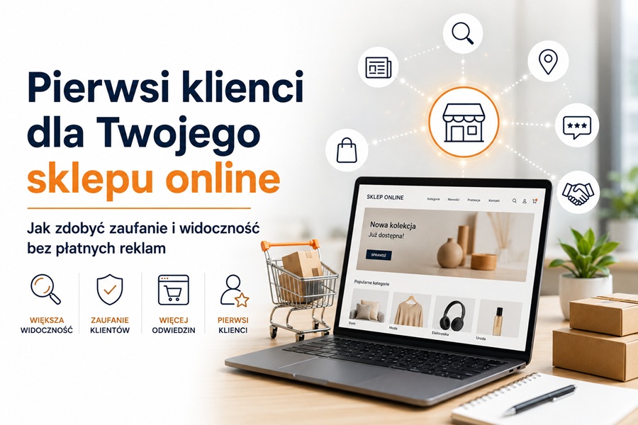 Laptop ze sklepem internetowym oraz ikonami symbolizującymi widoczność, zaufanie i pierwszych klientów. Grafika przedstawia sposoby zdobywania pierwszych klientów dla sklepu online bez płatnych reklam.