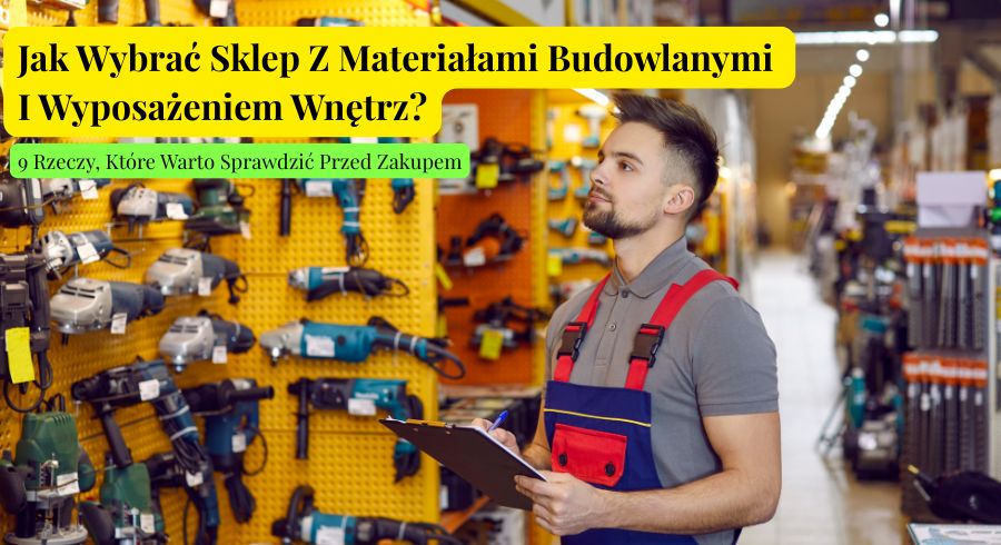 Nowoczesny sklep z materiałami budowlanymi i wyposażeniem wnętrz z ekspozycją płytek, podłóg i elementów wykończeniowych.